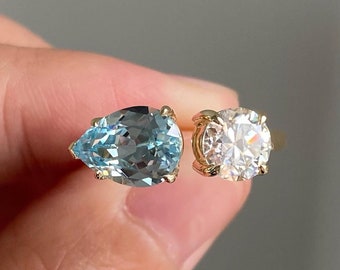 Fancy Aquamarine Color Pear And White Round Cut Moissanite Diamond Toi Et Moi Two Stone Engagement Ring For Her