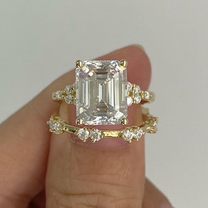 3.15 Carat Emerald Cut Moissanite Ring Set /  Round Half Eternity Band / Yellow Gold Bridal Ring Set /Wedding Gift For Bride Engagement Ring