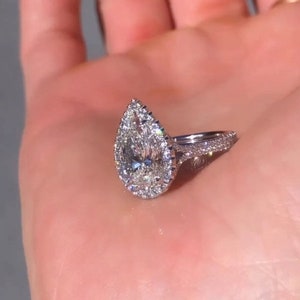 2.5ct Pear Shaped Diamond Engagement Ring, Halo Setting, Pave Band, Platinum, Custom Size Available, Elegant & Timeless Design