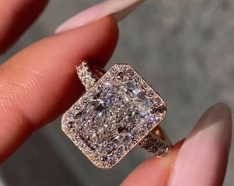 4ct Radiant Cut Moissanit Halo Verlobungsring, 14K Gold Vintage Style, runde Seitensteine 1.2ct, handgemachter Jahrestag Vorschlag Ring