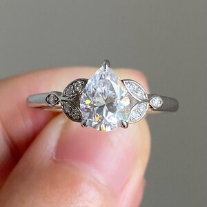 Vintage Pear-Shaped Diamond Ring, 1.2ct Center, 14K White Gold, Floral-Style Side Stones, Elegant Engagement Ring with Detailed Setting