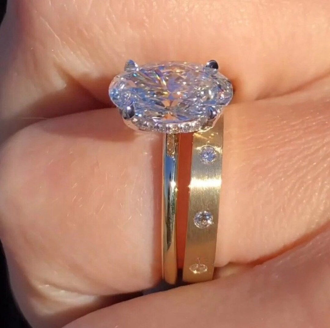 3 CT Oval Cut Moissanite Engagement Ring Set 14K Gold Bridal Ring Set ...