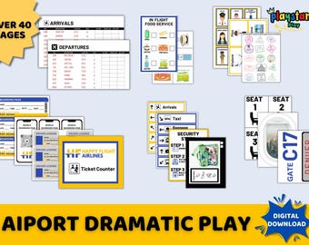 May include: A printable set of over 40 pages for pretend play at the airport. The set includes signs, tickets, boarding passes, and other items to help children create their own airport experience. The set is designed for children to use with their own toys and imagination.