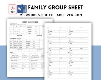 Family Group Sheet Template, Genealogy Ancestry Record (MS Word & PDF)