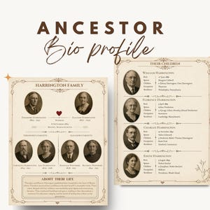 以下が含まれることがあります： 「Ancestor Bio profile」と題された、ヴィンテージスタイルのベージュ色の家系図チャート2枚。左側のチャートにはハリントン家の家系図、肖像画、日付、伝記が記載されています。右側のチャートには、子供たちの詳細な経歴と肖像画がリストアップされています。