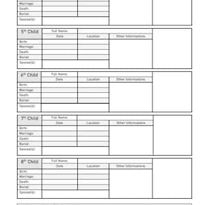 May include: A black and white genealogy chart template with sections for recording family information. The chart includes fields for birth, marriage, death, and burial details for up to five children, plus a section for additional information.