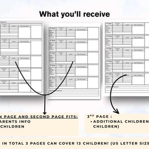 May include: A three-page family group sheet with sections for parents and children's information. The first two pages accommodate parents and 8 children, while the third page is for 5 additional children. The text reads "What you'll receive".