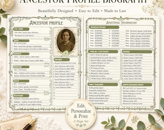 Ancestor Profile Biography Worksheet, Botanical Genealogy Template (Digital Download)