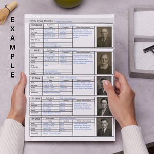 May include: A family group sheet with the title "Family Group Sheet For: Joseph Dean Calloway" is held by a person. The sheet contains information about family members, including names, dates, and locations. Black and white portraits of family members are included.