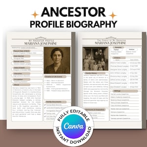 Ancestor Biography Profile Template | Genealogy Research | Genealogy Form | Editable Family History Template | Genealogy Profile Canva