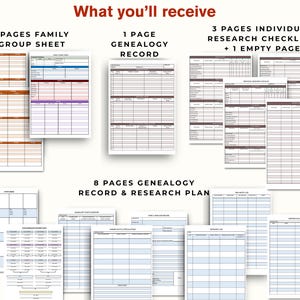 Pu&ograve; includere: Una raccolta di fogli di registrazione genealogica e piani di ricerca. L'immagine mostra varie pagine, tra cui fogli di gruppo familiare, registri genealogici, liste di controllo della ricerca e piani di ricerca. Il testo sull'immagine recita "Cosa riceverai".