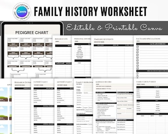 Genealogy Worksheet Bundle | Editable Family History, Ancestor Research (CANVA Template)