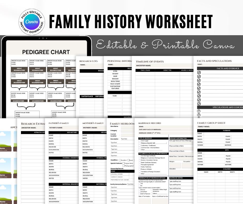 Genealogy Worksheet Bundle | Editable Family History, Ancestor Research ...