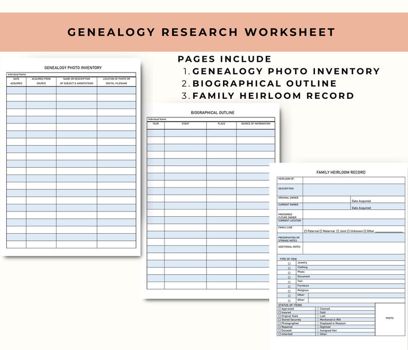 Pu&ograve; includere: Un modello di ricerca genealogica con tre pagine: un inventario fotografico, un profilo biografico e un registro dei cimeli di famiglia. Le pagine hanno uno sfondo bianco con linee e testo blu.
