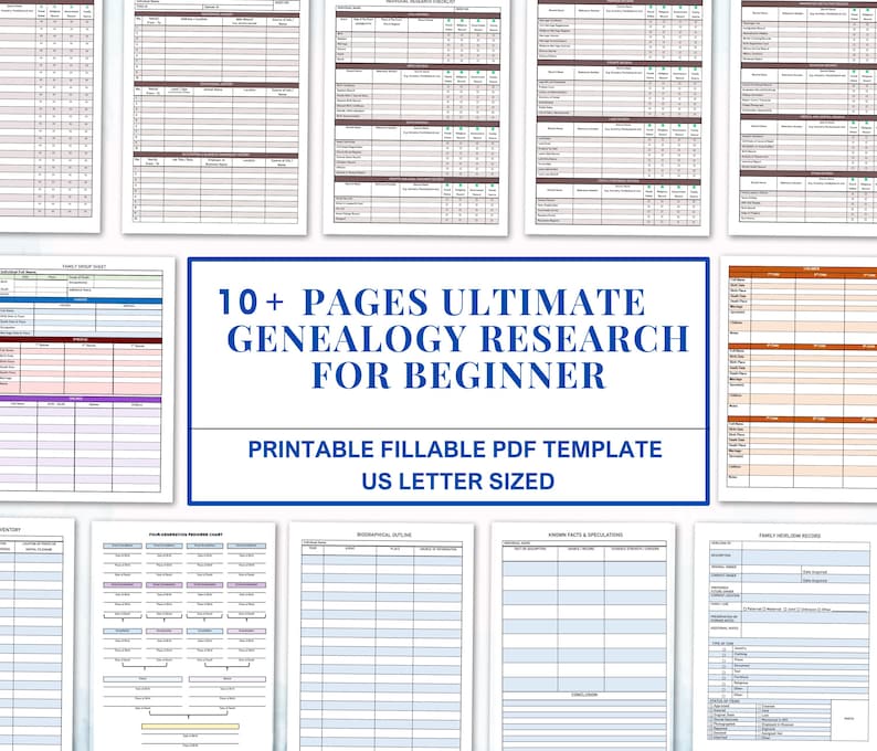 Pu&ograve; includere: Una raccolta di modelli stampabili per la ricerca genealogica. I modelli includono moduli per schede di gruppo familiare e profili biografici. Il testo recita "10+ PAGES ULTIMATE GENEALOGY RESEARCH FOR BEGINNER" e "PRINTABLE FILLABLE PDF TEMPLATE US LETTER SIZED."