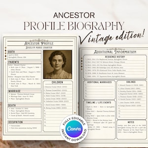 Ancestor Profile Worksheet | Ancestor Biography Profile Template | Genealogy Research | Family History Binder Template | Genealogy Canva