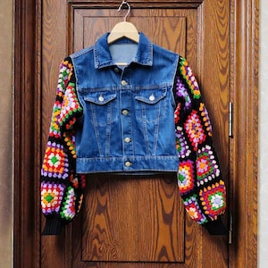 Granny Square Crochet Sleeve Denim Jacket – Upcycled Boho Festival Jean Jacket