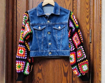 Granny Square Crochet Sleeve Denim Jacket – Upcycled Boho Festival Jean Jacket