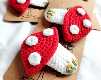 Crocheted Mushroom Hair Clip, Handmade Amigurumi Accessory, Red White Cottagecore Barrette