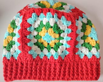 Handmade Crochet Granny Square Hat and Gloves Set, Boho Winter Warm Accessories