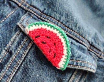 Crochet Watermelon Brooch, Handmade Fruit Pin, Cute Summer Accessory, Denim Jacket Pin, Gift for Her