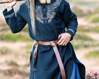 Viking-style tunic, black with hand-embroidered Urnes-style appliqué