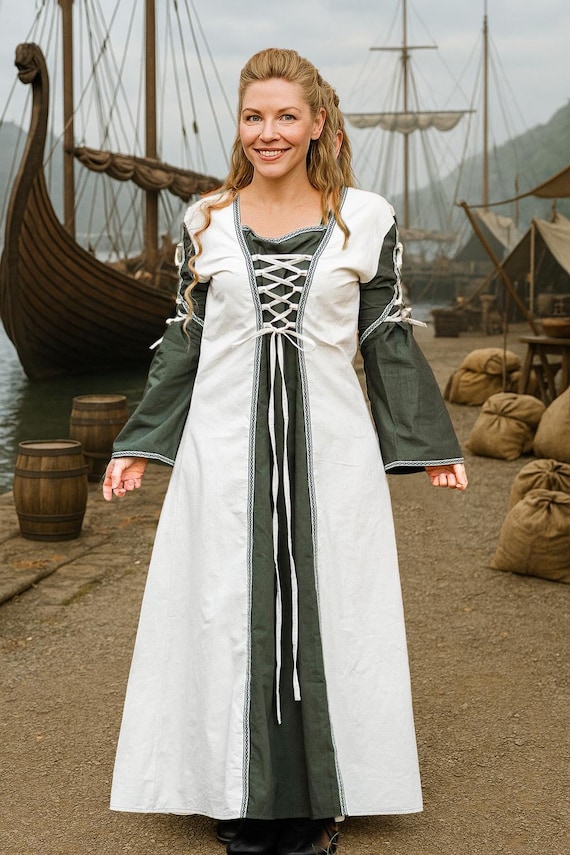 Vestido medieval em natural/verde – vestido com cadarço 100