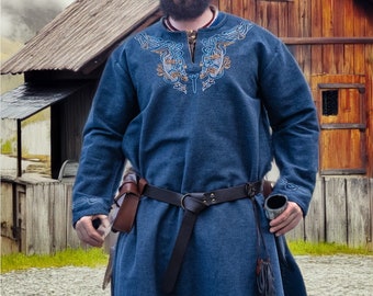 Viking style tunic, grey-blue with hand-embroidered Urnes style appliqué