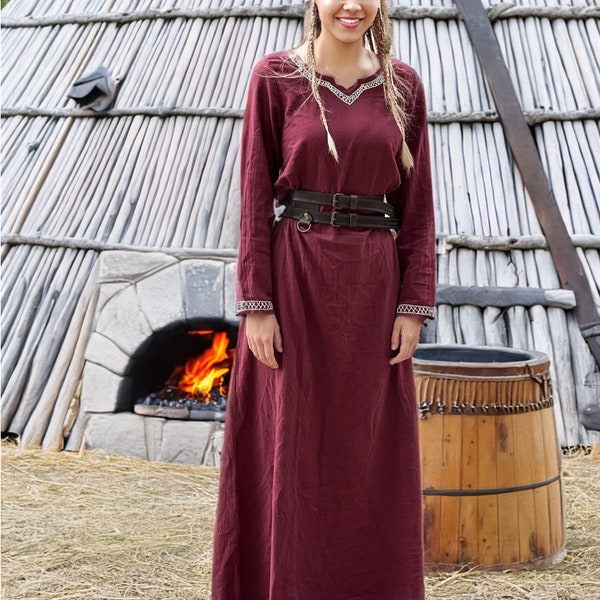 red Viking dress with hand embroidery