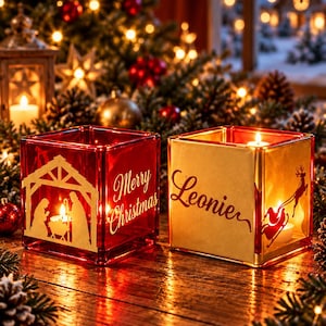 May include: Two square glass candle holders. The left holder is red with a gold nativity scene silhouette and the text Merry Christmas. The right holder is gold with the name Leonie in script and a silhouette of a flying sleigh and reindeer.
