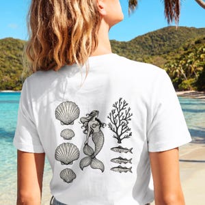PNG design aesthetic fisherman for women, ocean graphic for vintage t-shirts with mermaid, sardines and shells, ideal gift for sea lovers