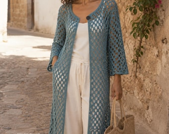 Kimono largo crochet para mujer cárdigan maxi de algodón chaqueta oversize bohemio con frente abierto ropa festival túnica crochet playa