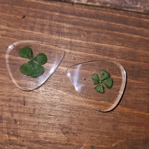 May include: Two clear guitar picks with four-leaf clovers pressed inside. The clovers are green and the picks are transparent.