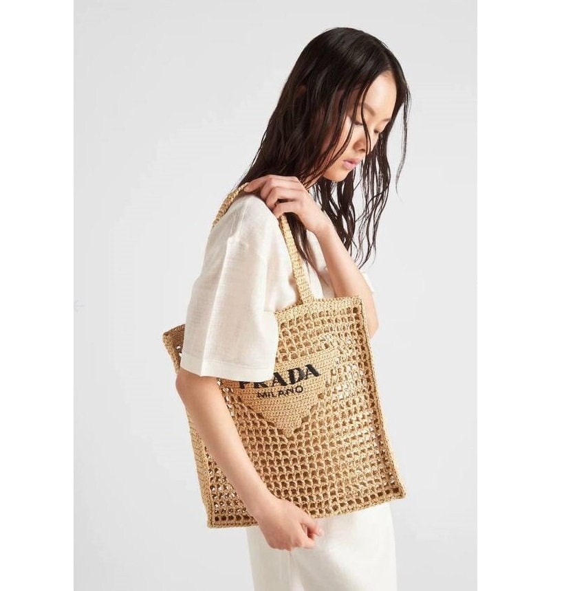 Prada raffia tote bag Cedar logo crochet yellow 37×36×3cm with guarantee  card