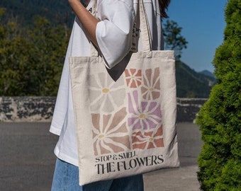 Boho Retro Flowers Tote, Aesthetic canvas bag