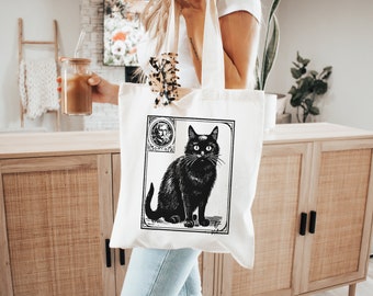 Black Cat Aesthetic Tote, Witchy Shoulder Handbag, Cat Themed gifts, Black Cat Lover Purse