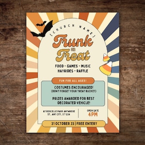 Editable Trunk or Treat Halloween Church Flyer 8.5"x11" PDF Trunk-or-Treat flyer Cute Kids Halloween Party Invite Custom Printable Template