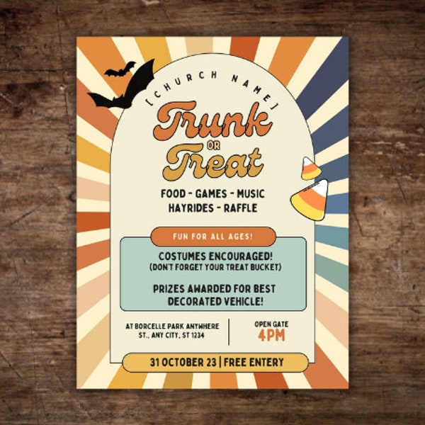 Editable Trunk or Treat Halloween Church Flyer 8.5"x11" PDF Trunk-or-Treat flyer Cute Kids Halloween Party Invite Custom Printable Template