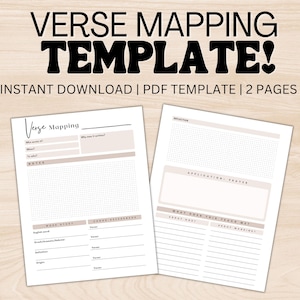 May include: A printable PDF template for mapping out Bible verses. The template includes sections for reflection, application, prayer, and word study. The text on the page reads "Verse Mapping Template! Instant Download | PDF Template | 2 Pages".