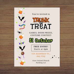 Editable Trunk or Treat Halloween Church Flyer 8.5"x11" PDF Trunk-or-Treat flyer Cute Kids Halloween Party Invite Custom Printable Template