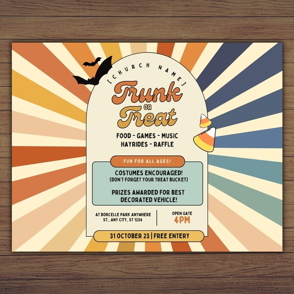 Editable Trunk or Treat Halloween Church Flyer 8.5"x11" PDF Trunk-or-Treat flyer Cute Kids Halloween Party Invite Custom Printable Template