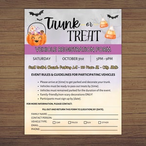 Editable Vehicle Registration Trunk or Treat Halloween Church Flyer 8.5x11 PDF Trunk-or-Treat Flyer Halloween Kids Custom Printable Template