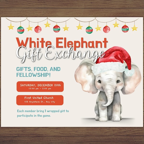 Editable White Elephant Gift Exchange Invitation Christmas Party Invitation Church Flyer 8.5"x11" PDF Party Invite Custom Printable Template