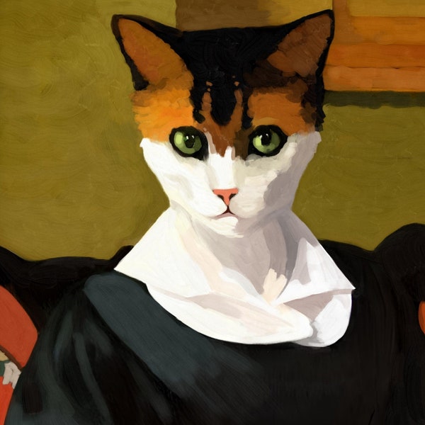 Digital Art Cat Portrait, Digital Download, Cat in Black Dress, High Quality JPEG Image for Print, Wall Art, Poster, Cat Lover Gift
