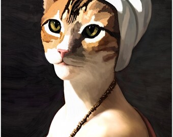 Digital Art Cat Portrait, Digital Download, Cat in Dress and White Headband, High Quality JPEG Image for Print, Wall Art, Poster