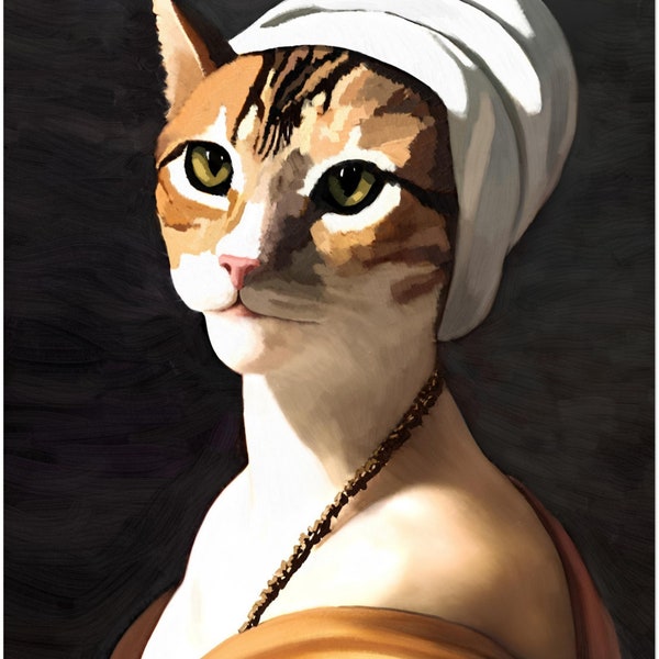 Digital Art Cat Portrait, Digital Download, Cat in Dress and White Headband, High Quality JPEG Image for Print, Wall Art, Poster