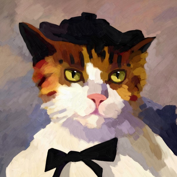 Digital Art Cat Portrait, Digital Download, Cat in Bow Tie and Hat, High Quality JPEG Image for Print, Wall Art, Poster, Cat Lover Gift