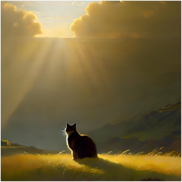Digital Art Cat Landscape, Digital Download, Cat sitting in Grass, Sunbeams, High Quality JPEG Image for Print, Wall Art, Poster