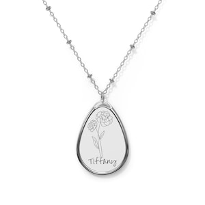 Personalized Birth Flower Oval Necklace, Custom Necklace, Custom Jewelry, Custom Birth Flower, Gift for Mom