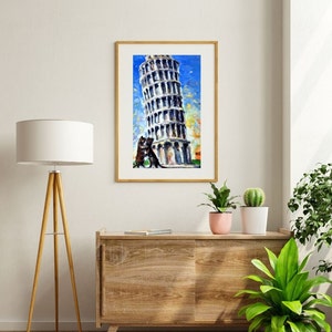 Printable Painting of 2 cats fighting in front of Pisa Tower